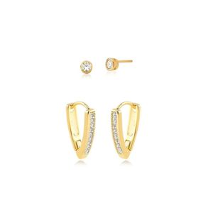 Conjunto Brinco De Argolas Com Brinco Ponto De Luz Segundo Furo De Zirconias Banhado Em Ouro 18k