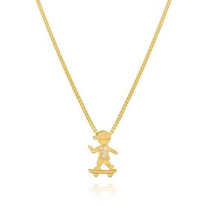 Colar Com Pingente De Filho Menino No Skate Com Zirconias Banhado Em Ouro 18k Cordão Mãe Filhos