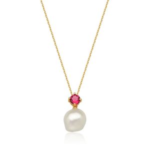 Colar Com Pingente Cristal Marsala E Perola Anne Banhado Em Ouro 18k Cordão