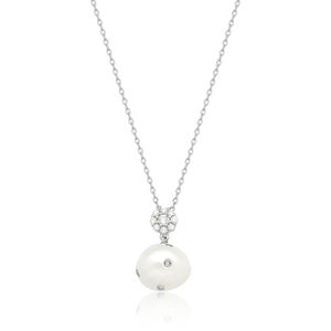 Colar Com Pingente De Flor E Perola Barroca Com Pontos De Luz De Micro Zircônias Em Ródio Branco