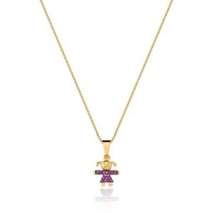 Colar Com Pingente De Filha Menina Com Zirconias Cor Rubi Banhado Em Ouro 18k Cordão Mãe Filhos