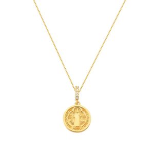 Colar Medalha São Bento Luxo Com Zirconias Banhado Em Ouro 18k - 1,5 Cm - Pequeno Cordão