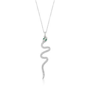Colar Cobra Serpente Banhado Em Ródio Com Zirconias E Cristal Verde