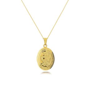 Colar Relicário Oval Pequeno Com Detalhes Em Coração Banhado Em Ouro 18k - 1 Foto - Corrente 45cm + 5cm