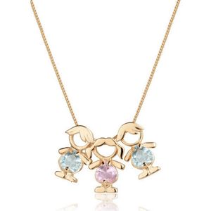 Colar Com Pingente Três Filhos Dois Meninos E Uma Menina Com Cristal Azul E Rosa Banhado Em Ouro 18k Cordão Mãe