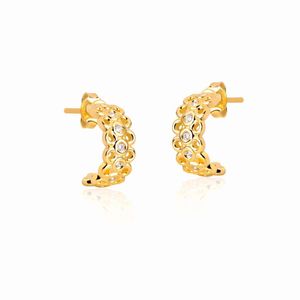 Meia Argola Pequena 3 Fileiras Com Zirconias Banhada Em Ouro 18k