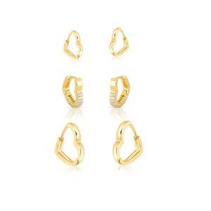 Conjunto Trio De Argolas De Coração Liso E Com Zirconias Banhado Em Ouro 18k