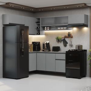 Armário De Cozinha Completa De Canto Suspenso 405cm Nice Madesa 03 Cinza