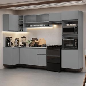 Armário De Cozinha Completa De Canto Suspenso 385cm Nice Madesa 01 Cinza