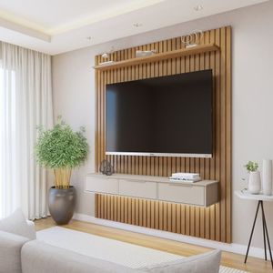 Painel Suspenso Ripado 182,8 Cm Com Nicho Vitória 1 Fita De Led 100% Mdf Marrom-cinza