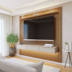 Painel Suspenso Ripado 227,6 Cm Com Nicho Vitória Dupla Fita De Led 100% Mdf Marrom-cinza