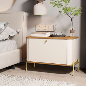 Mesa De Cabeceira Curva Tucupí Com Pés E Puxador Em Metal Off White-nature-dourado