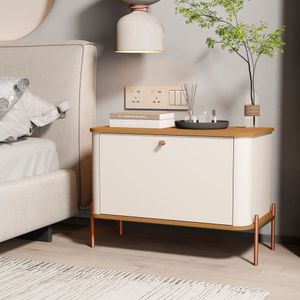 Mesa De Cabeceira Curva Tucupí Com Pés E Puxador Em Metal Off White-nature-bronze
