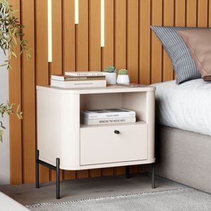Mesa De Cabeceira Curva Tucupí Slim Com Pés E Puxador De Metal Offwhite-preto