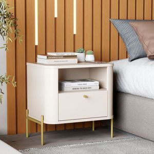 Mesa De Cabeceira Curva Tucupí Slim Com Pés E Puxador De Metal Offwhite-dourado