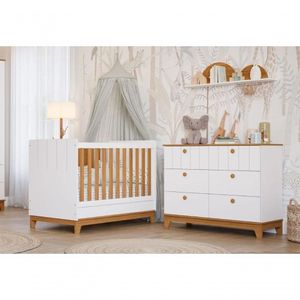Quarto Para Bebê Cômoda E Berço 100% MDF Biscoito Permobili Branco/Nature