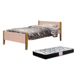 Cama Solteiro Simba Rosa Fosco Com Pés Amadeirado E Colchão D33 - Reller Móveis Rosa Fosco