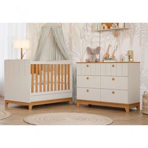 Quarto Para Bebê Cômoda E Berço 100% MDF Biscoito Permobili Off White/Nature