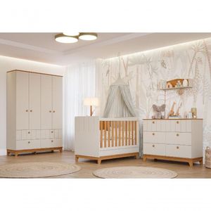 Quarto Para Bebê Completo Guarda Roupa Cômoda E Berço 100% MDF Biscoito Permobili Off White/Nature
