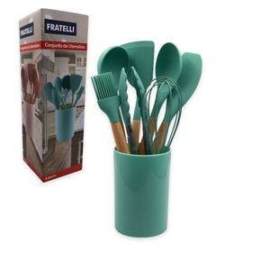 Conjunto De Utensilios Silicone 8 Pecas Fouet Concha Pincel Pegador Verde Escuro