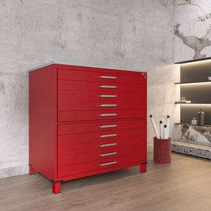 Gaveteiro Mapoteca Para Escritório De Aço Fixa Com 10 Gavetas Industrial Vermelho/cinza