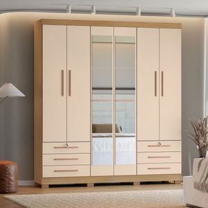 Guarda-roupa 6 Portas 6 Gavetas Com Espelho Floripa Carvalho Americano-off White