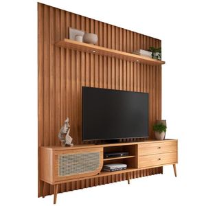 Rack Para Sala Com Painel Ripado Para Tv 60 Pol Fita Led Ada D03 Freijó - Lyam Decor