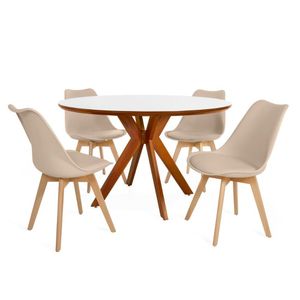 Conjunto Mesa De Jantar Redonda Marci Premium 120cm Branca Com 4 Cadeiras Leda - Nude