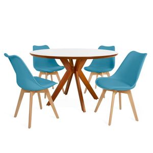 Conjunto Mesa De Jantar Redonda Marci Premium 120cm Branca Com 4 Cadeiras Leda - Turquesa