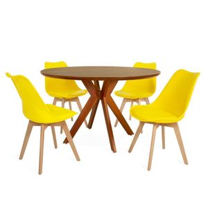 Conjunto Mesa De Jantar Redonda Marci Premium 120cm Natural Com 4 Cadeiras Leda - Amarelo