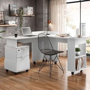 Conjunto De Escrivaninha Alessa Com 2 Gavetas E Rodizios Branco