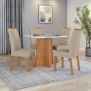 Mesa 0,90 Celebrare Com 4 Cadeiras Apogeu Tecido Linho Rinzai Bege Amendoa Clean/off White
