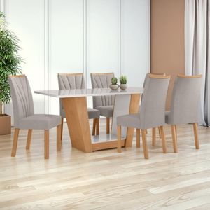 Mesa 1,70 Apogeu Com Vidro + 06 Cadeiras Apogeu Tecido Veludo Liso Capuccino Amendoa Cle/off