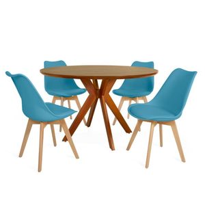 Conjunto Mesa De Jantar Redonda Marci Premium 120cm Natural Com 4 Cadeiras Leda - Turquesa
