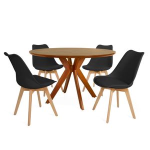 Conjunto Mesa De Jantar Redonda Marci Premium 120cm Natural Com 4 Cadeiras Leda - Preto
