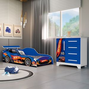 Kit Quarto Infantil Carros - Cama Solteiro Proteção Lateral Com Colchão E Comoda Mdf - Azul