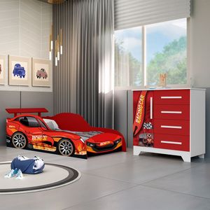 Conjunto Quarto Infantil Carros - Cama Solteiro Proteção Lateral Com Colchão E Comoda Mdf - Vermelho