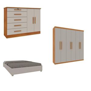 Quarto Casal Completo Guarda-roupa Lima, Cama Mônaco E Cômoda Istambul Espresso Móveis Cinamomo-off White