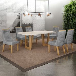 Conjunto Sala De Jantar Mesa 160cm Tampo De 4,0cm Com 6 Cadeiras Luna Cinamomo/off White/prata Linho