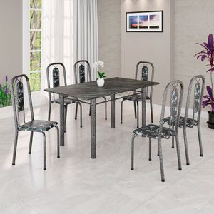 Conjunto De Mesa Tubular 140cm X 75cm Tampo Ardósia Indiano Com 6 Cadeiras Lívia Preto/prata