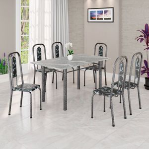 Conjunto De Mesa Tubular 140cm X 75cm Tampo Granito Topázio Com 6 Cadeiras Lívia Preto/prata
