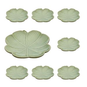 Jogo 8 Travessa Folha Decorativa Verde Cerâmica 16,5cm Class Home