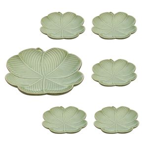Jogo 6 Travessa Folha Decorativa Verde Cerâmica 16,5cm Class Home