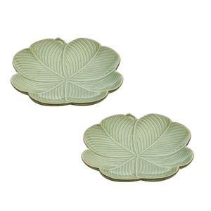 Jogo 2 Travessa Folha Decorativa Verde Cerâmica 16,5cm Class Home