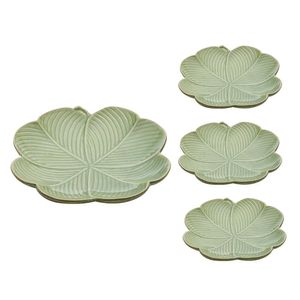 Jogo 4 Travessa Folha Decorativa Verde Cerâmica 16,5cm Class Home