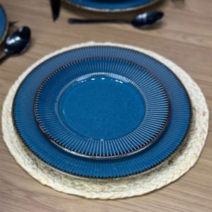 Jogo 12 Prato De Sobremesa Ceramica Azul Linear Rústico 20cm Lyor