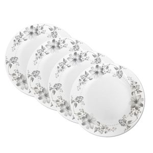 Jogo 4 Prato Raso De Vidro Branco Flores Cinza Flowers Grey 26cm Em Casa Tem