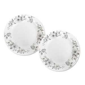 Jogo 2 Prato Raso De Vidro Branco Flores Cinza Flowers Grey 26cm Em Casa Tem