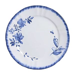 Prato Raso Em Cerâmica Demoiselle Flores E Abelha Azul Scalla 28x28cm