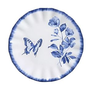 Prato De Sobremesa Em Cerâmica Demoiselle Flores E Borboleta Azul Scalla 20x20cm